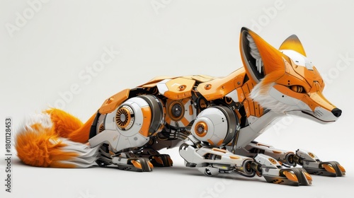Futuristic robotic fox lying down on a white isolated background.