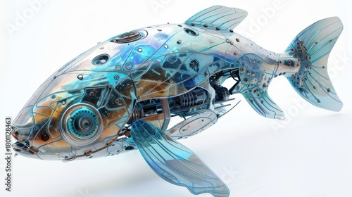 Futuristic robotic fish with intricate design, white isolated background.