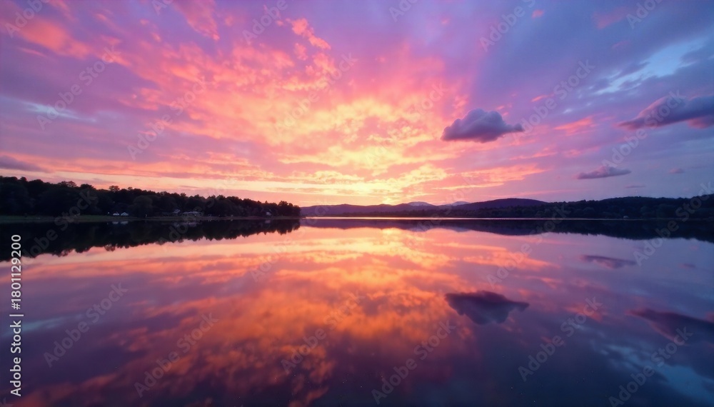 Naklejka premium A serene lake at sunset, reflecting vibrant orange, pink, and purple hues, capturing the tranquil beauty of a summer evening. A serene lake perfectly reflecting a spectacular summer sunset. The water