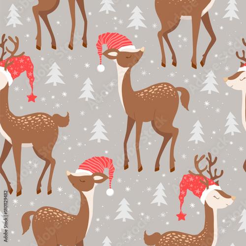 Merry Christmas Happy New Year vector seamless pattern with cute hand drawn deers in Santa hat and Christmas trees isolated on grey background. Holiday animal illustration for card print poster
