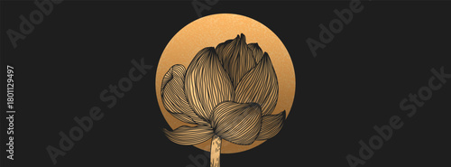 Vector luxury abstract illustration with gold hand drawn linear lotus flower and moon isolated on black background. Elegant art deco design for web banner, print, wallpaper, card, invitation