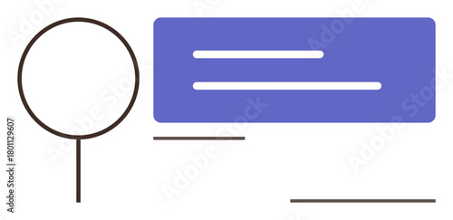 Magnifying glass analyzing a horizontal text panel with aligned lines. Ideal for search, knowledge, investigation, focus, clarity, research, insight. Simple flat metaphor