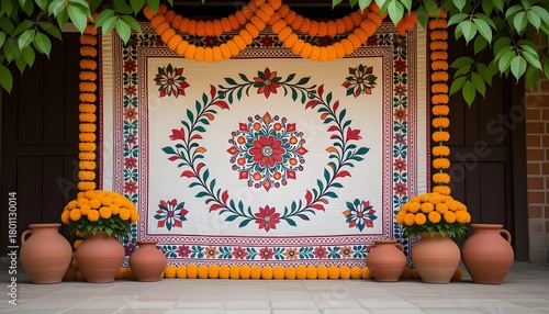 Bengali traditional stage featuring kantha fabric backdrop, clay pots, marigold and green leaf decor