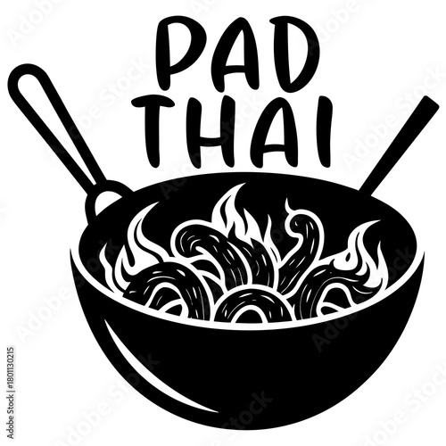 Pad Thai Shrimp Wok Silhouette Vector