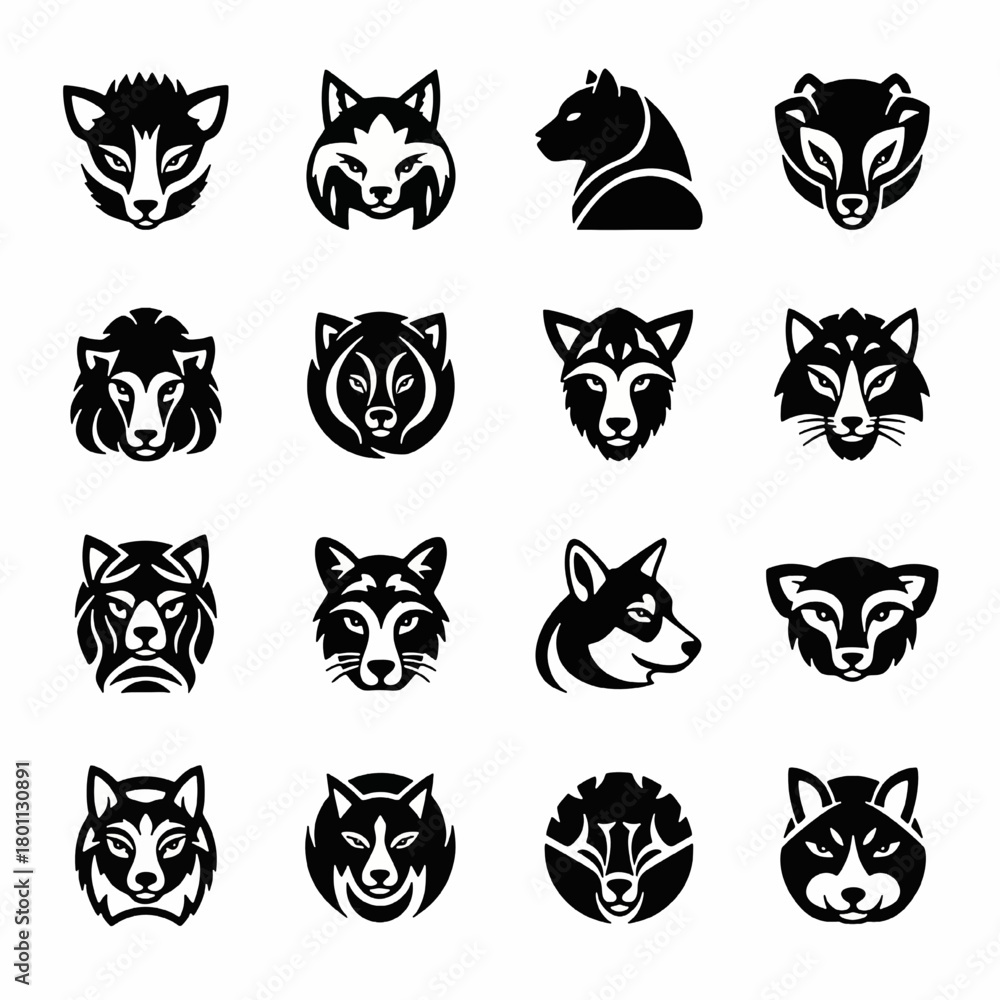 Fototapeta premium Black and White Wild Animal Heads and Faces Silhouettes Set