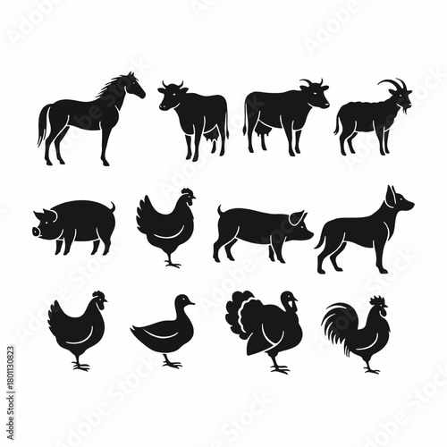 Domestic and Farm Animal Black Silhouettes Set