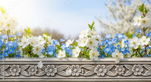 Spring Awakening White Cherry Blossoms and Blue Nemophila Flowers in a Decorative Planter, White flowers, Blue flowers, Forget-me-nots