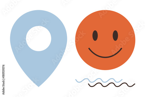 Orange happy face next to blue map pin with wavy lines underneath, representing optimism, guidance, location, happiness, travel, navigation, and simplicity. Ideal for wellness maps communication