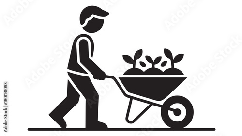 Man pushing wheelbarrow with plants simple flat vector icon for gardening and agriculture isolated on white background