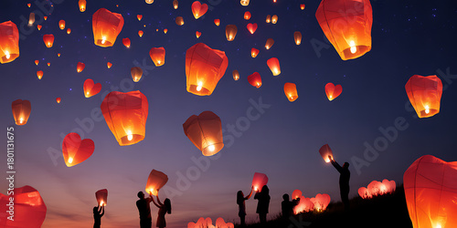 Experience the magic of love and hope as families release stunning heart-shaped sky lanterns into the twilight, celebrating togetherness and creating unforgettable moments of joy and wonder