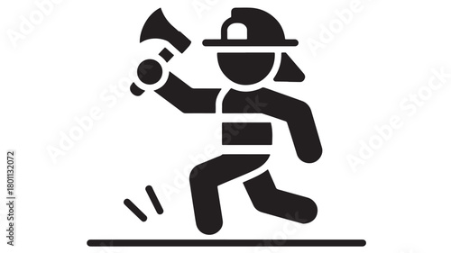 Firefighter running with axe simple black glyph icon isolated on white background for emergency service and rescue