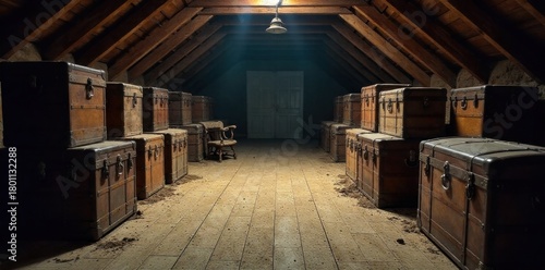 Generational Home Legacy A dusty, sun drenched attic filled with antique wooden trunks and old furniture. Light streams in through a small window, illuminating dust motes. No people or signs of human