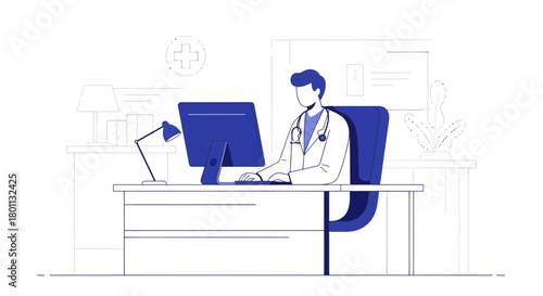 Medical Professional Working On Computer Screen In A Clean Modern Office Setting