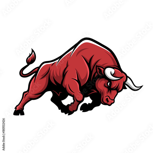 Aggressive Red Bull Mascot Charging Forward with Intense Focus.