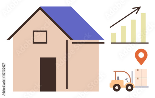 House illustration, upward growth chart, forklift moving boxes, location pin. Ideal for logistics, warehousing, supply chain, business growth, real estate inventory operations simple flat metaphor