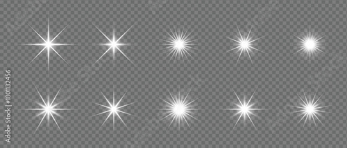 Realistic sun rays with glowing starburst beams, abstract shine, and light effects. Lights flare, star flash light, white sun rays Vector stock illustration