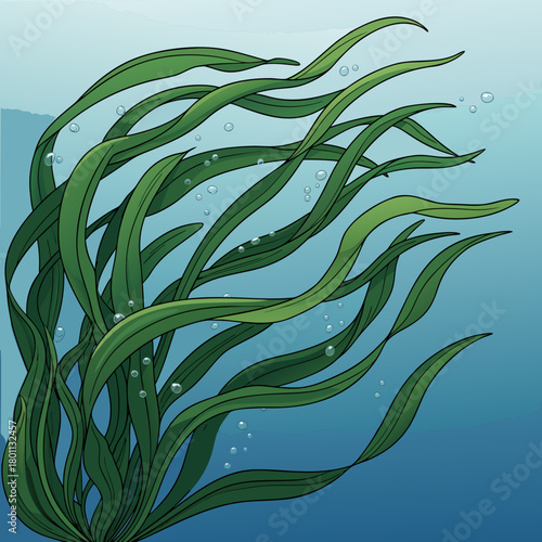 Vibrant Green Seaweed Illustration with Bubbles and Flowing Fronds.