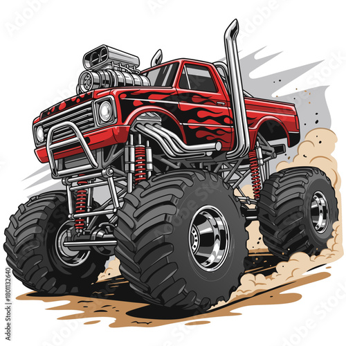 Red Monster Truck with Flames and Oversized Tires Illustration.