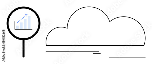 Magnifying glass with upward graph beside abstract cloud shape representing data analysis, growth, cloud computing. Ideal for innovation, technology, analytics, business solutions, development