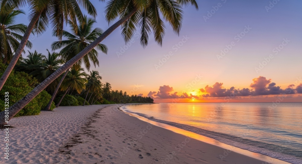 Fototapeta premium Tropical Paradise Sunset Over Serene Beach, Palm trees, Ocean, Sea