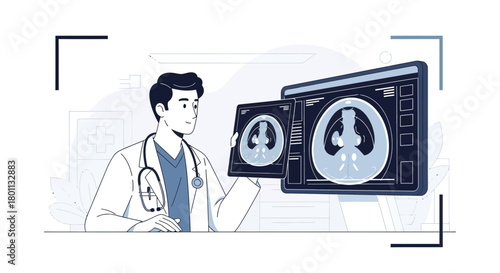 Medical Professional Examining Lung X-Ray Scans Depicting Anatomical Structures