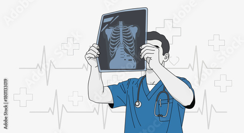 Medical Professional Examining Radiograph With X-ray, Healthcare And Diagnosis Illustration