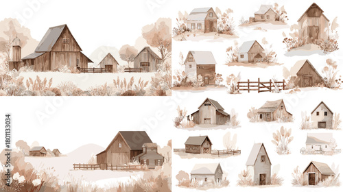 Watercolor rural farm and barn clipart in soft sepia tones with cottages, fences, fields, and trees, ideal for country scenes, invitations, branding, and cozy wall art.