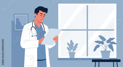 Medical Professional Examining Records Near Window With Potted Plants and a Stethoscope