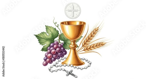 First Communion Symbols - Chalice, Host, Grapes, Wheat, and Rosary, Eucharist, Holy communion, Mass