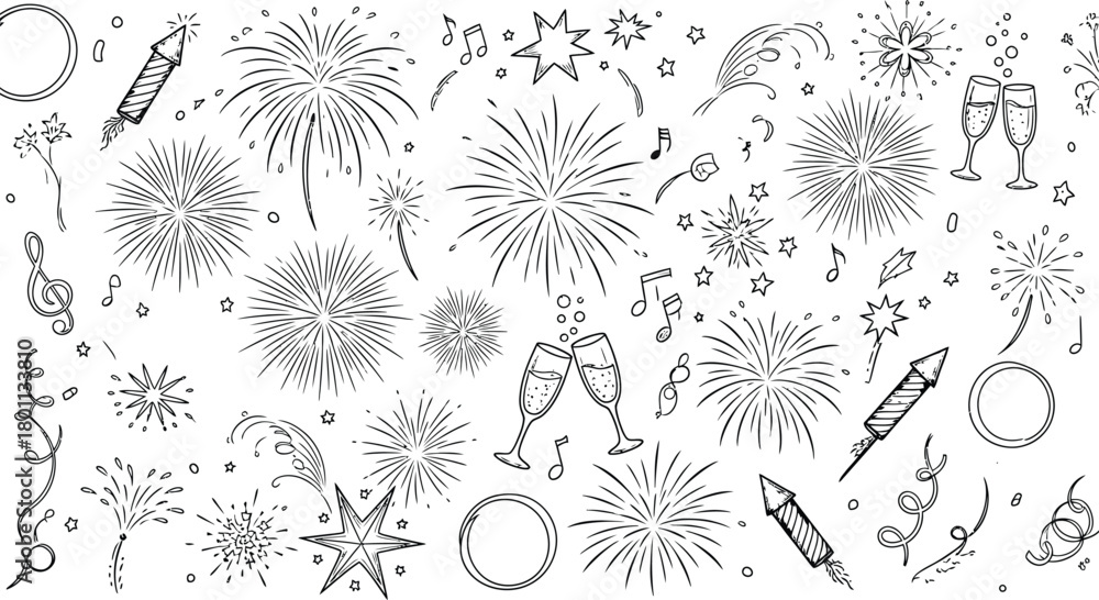 Obraz premium Festive fireworks celebration with champagne and confetti pattern