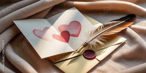 Romantic handwritten love letter with hearts and vintage feather pen, perfect for Valentine's Day greetings, heartfelt messages, and elegant correspondence to express deep affection