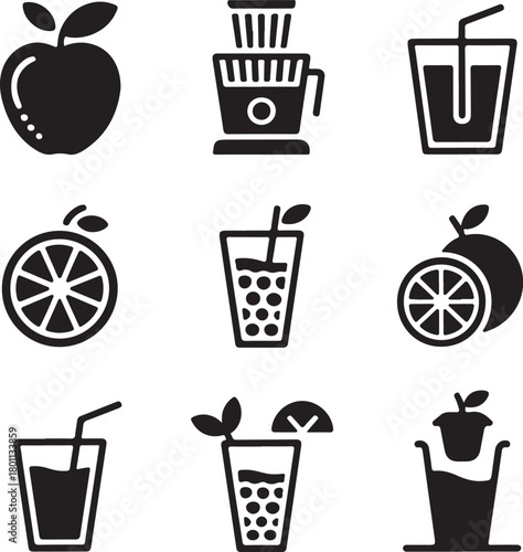 Fruit juice, smoothie drink, bubble tea, beverage icons, fresh apple, orange
