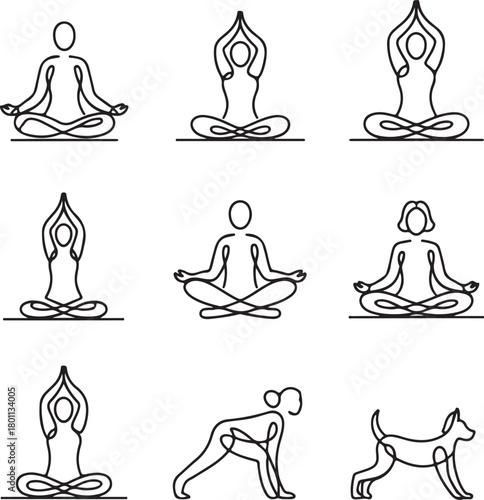 Yoga poses, meditation symbol, fitness exercise, stretching body, wellness, lotus position