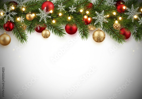 Christmas decoration: Christmas border background with fir branches red gold balls and glowing lights