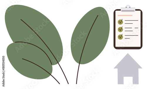 Green leaves and a checklist with check marks alongside a house icon. Ideal for eco-friendly lifestyle, sustainability, green initiatives, nature conservation, home organization, planning, simple