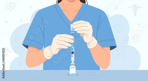 Medical Professional Preparing a Syringe for Injection with Vaccination Fluid Illustration