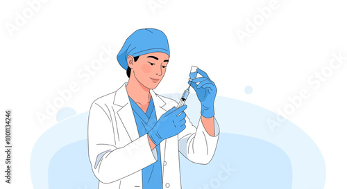 Medical Professional Preparing a Syringe for Injection in Clean, Modern Illustration Style