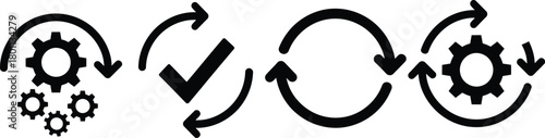 Circular process flow with gears and checkmark icons