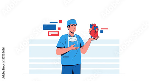 Medical Professional Presenting Anatomical Heart Concept In Clean Minimalistic Illustration