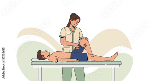 Therapist Inspecting Knee Joint of Patient on Examination Table in Medical Facility Setting