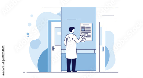 Medical Professional Reviewing Patient Information In A Hospital Corridor