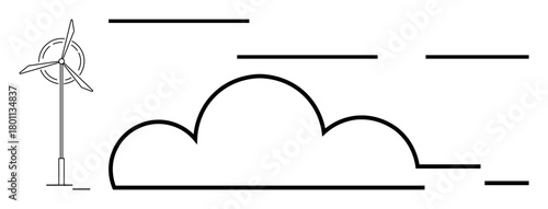 Minimalist wind turbine next to a cloud with horizontal motion lines. Ideal for energy, sustainability, environment, clean power, innovation, eco-friendliness, renewable energy. Simple flat metaphor