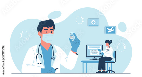 Medical Professionals Illustrating Vaccination Processes and Pandemic Prevention Measures