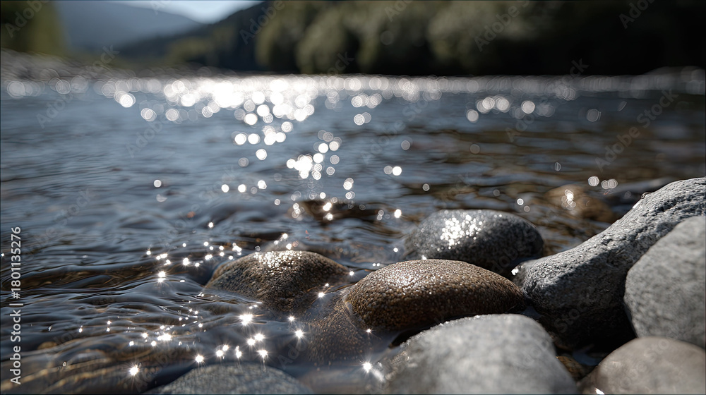 Obraz premium River water sparkles on smooth stones in peaceful natural setting