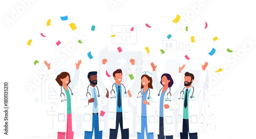 Medical Team Celebrating Success With Confetti Flying Above, Healthcare Focused Concept