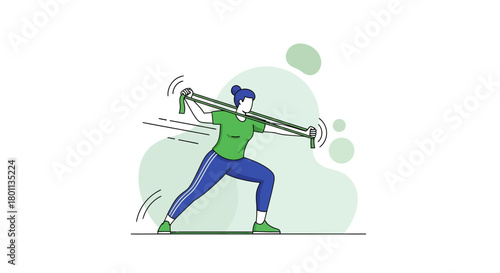 Woman Exercising With Resistance Band Against Pale Green Bubbles Background