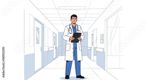 Medical Professional Standing In A Hospital Hallway Illustrated Illustration
