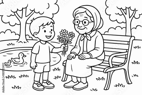 Children's coloring book - Young boy giving flowers to elderly woman sitting on park bench  