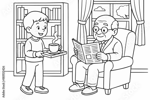 Children's coloring book - Young boy serving tea to elderly man reading newspaper in library  