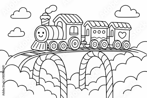 Children's coloring book - Gingerbread train rides on rainbow bridge among cotton candy and caramel